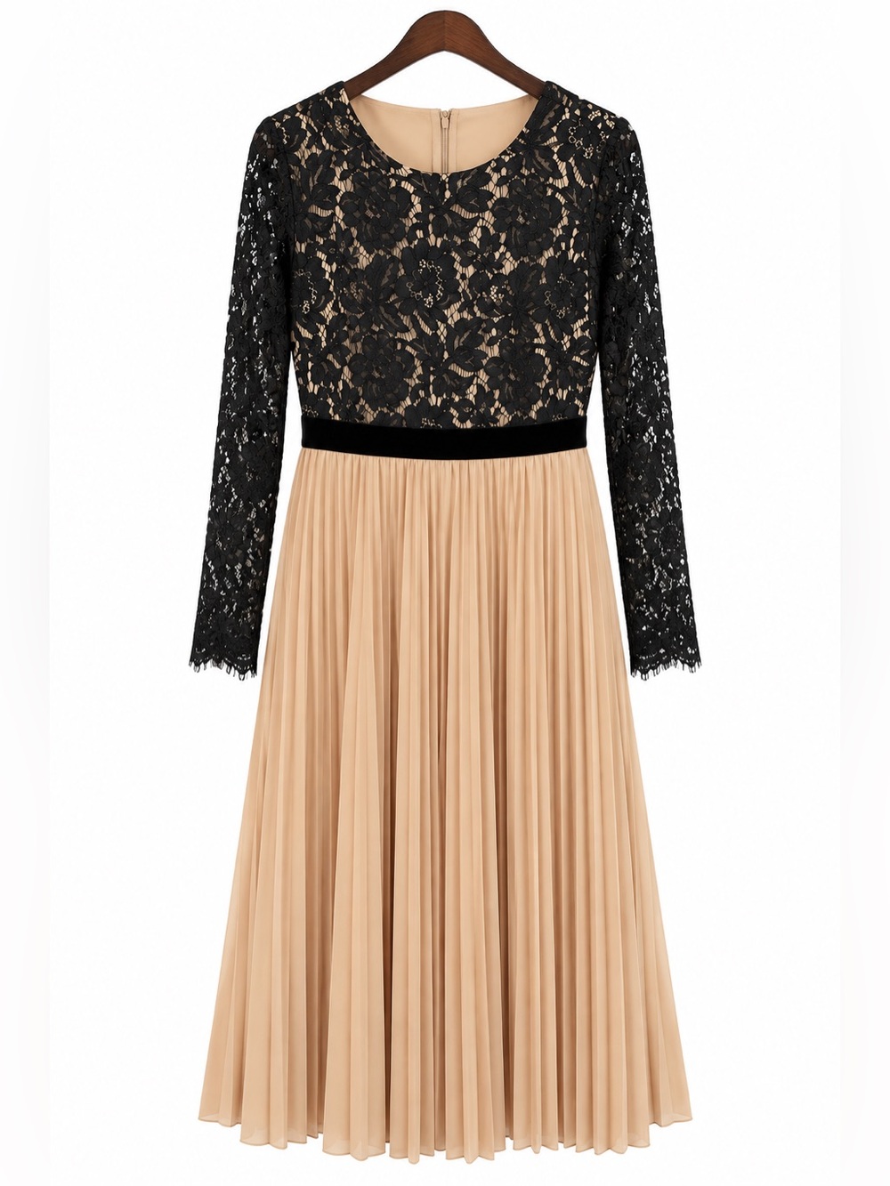 Rachel Parcell Black Lace & Beige Pleated Midi Dress